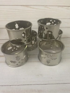6x Stechpalme Blatt Silber Metall Runde Serviettenringe Urlaub Weihnachten - Bild 1 von 4