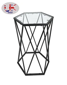 Coffee Table for Living Room Hexagon Glass Tables with Black Metal Frame - Picture 1 of 6