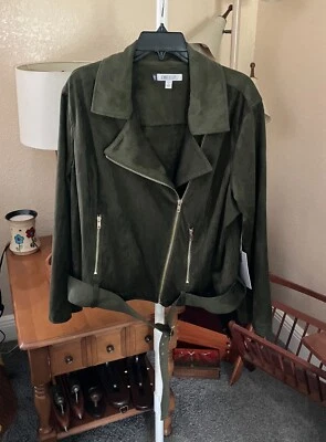 NWT Women’s Plus Sz. 1X Jennifer Lopez JLO Faux Suede Olive Green Moto Jacket - Image 1 of 4
