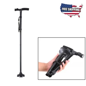 Walking Stick Folding Crutch Rest Cane LED Light 33.1”-37” Adjustable Height - Picture 1 of 10