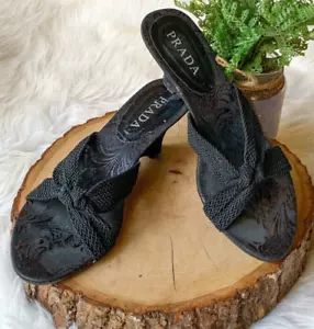 PRADA VTG Kitten Heel Open Toe Slip On Sandals Strappy Velvet Floral Black 35/5 - Picture 1 of 10