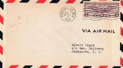 1931 First Air Mail Service Fond du Lac, WI to Jamestown, ND June 2, 1931 #C12 - Image 1 of 2