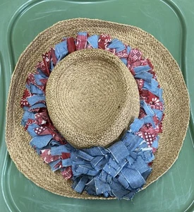 Frank Olive Vintage Women’s Straw Hat Patriotic Denim Chambray Band Pre Owned - Picture 1 of 5