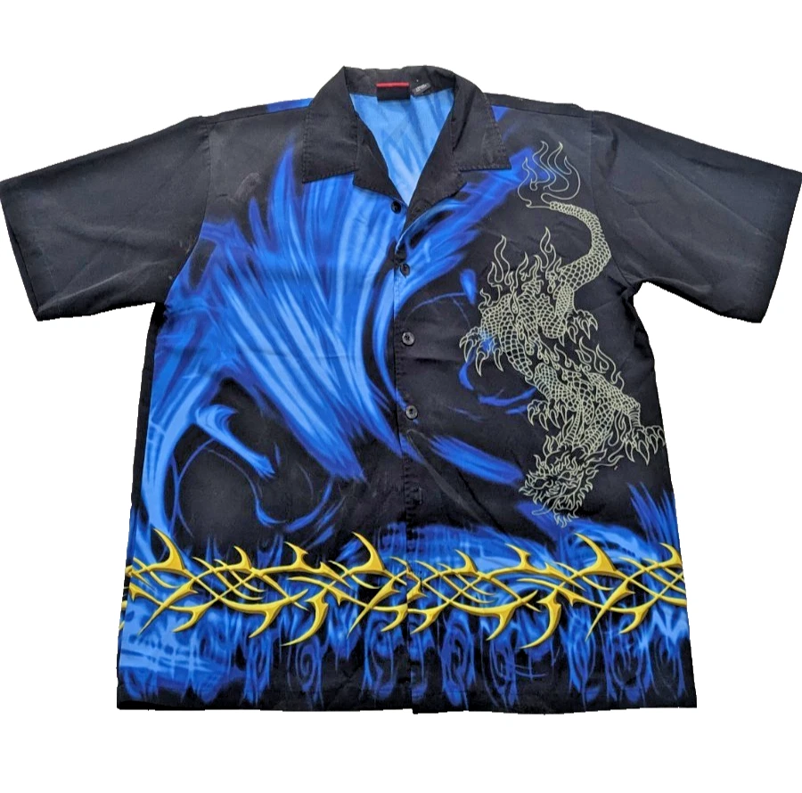VTG Streetculture Dragon Button Up Shirt L Tattoo Wave 2000s Y2K Guy Korea - Image 1 of 4