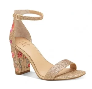 INC Gold Floral Ankle Strap Embroidered Glitter Lexini Square Toe Block Heels - Picture 1 of 4