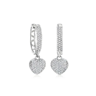 Ross-Simons 0.50 ct. t.w. Diamond Heart Hoop Drop Earrings in Sterling Silver - Image 1 of 4