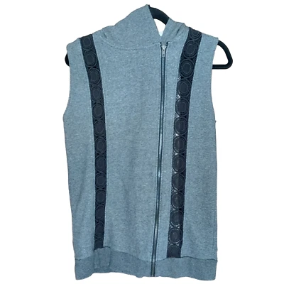 Fabletics Womens Heathered Gray Sleeveless Black Crochet Accent Zip Hoodie Med   - Image 1 of 4