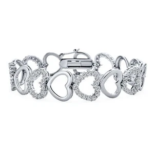 Bridal Clear Pave CZ Open Heart Shape Eternity Bracelet Silver Plated 7 Inch - Picture 1 of 4