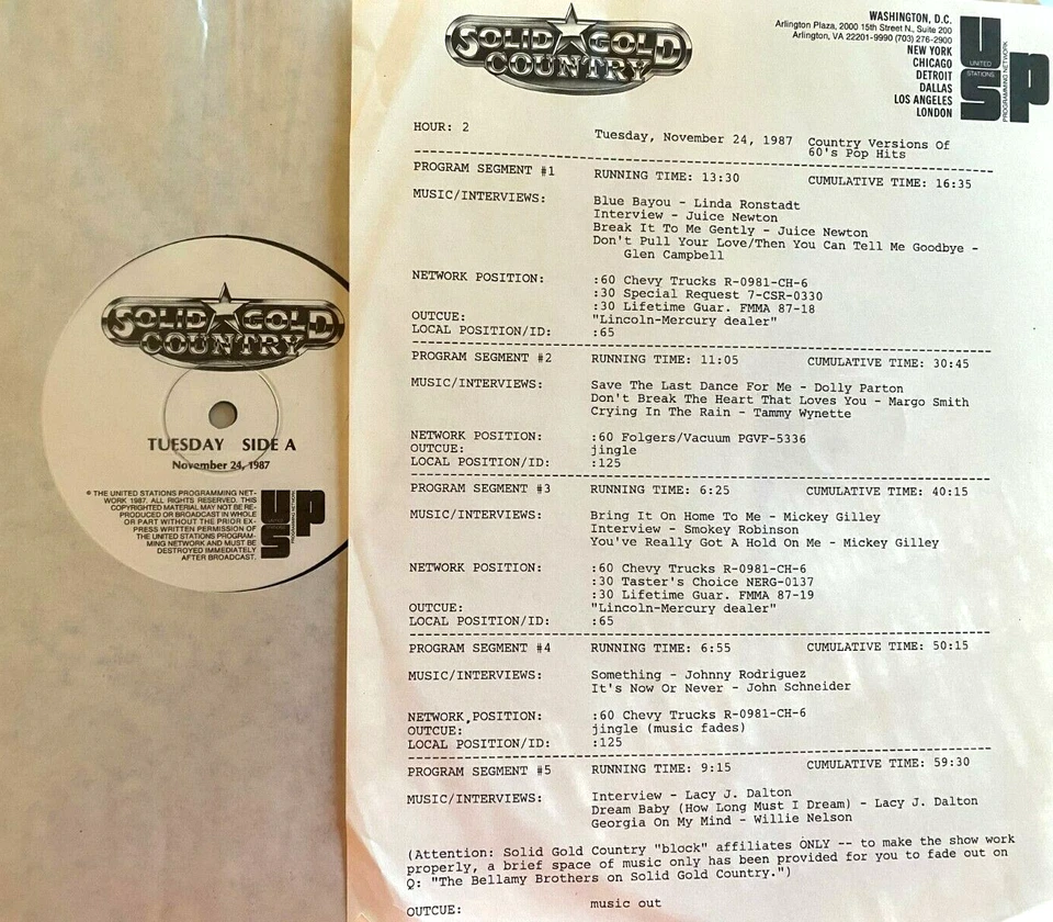 11/24/87 SOLID GOLD COUNTRY 60's POP HITS: TAMMY WYNETTE, LINDA RONSTADT, WILLIE - Image 1 of 1