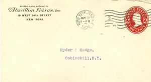 Envelope Revillon Freres New York NY to Cobleskill NY 6/27/1908 - Picture 1 of 2