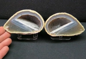 Quality 3.8" Diameter Matching Cut Polished Quartz lined Brazil Agate Geode Pair - Picture 1 of 5