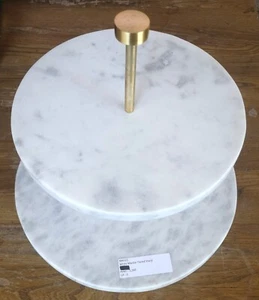 White Marble Cake Stand Heavy 2 Tier 12" Base 2nd Tier 9" Gold Colored Handle - Picture 1 of 2