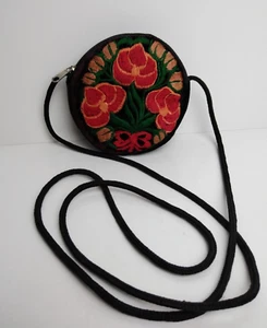 Vintage Lily Black Velour Embroidered Florals Crossbody Small Round Purse Zipper - Picture 1 of 9