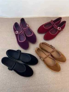 Velvet Mary Jane Shoes for Women Hand Stitch Casual Streetwear Ballet Flats - Picture 1 of 31