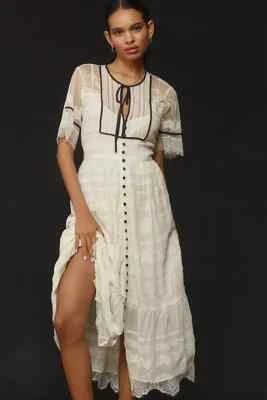 Vestido Anthropologie Midi Manga Corta Botón Frontal Encaje Talla 2 Marfil $298 Nuevo con Etiquetas Foto 1 de 4