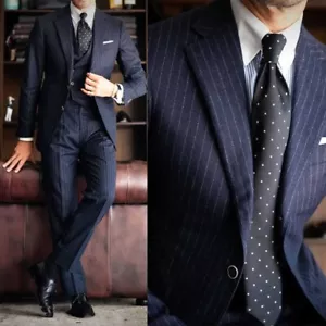 Men's Navy Striped Suits Slim Fit Costume Homme Peak Lapel Groom Wedding 3Pieces - Picture 1 of 14