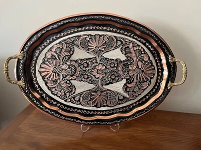 Oval Copper Coffee Tray, Turkish Copper Serving Tray, Copper Tray Handmade Large - Image 1 of 4