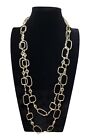 Gold Toned Geometric Shaped Chain With Rhinestones Long Necklace 60"