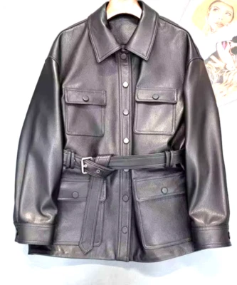 Womens Long Black Leather Shirt Jacket Belted Trench Coat Button Up XS S M L XL - Image 1 of 4