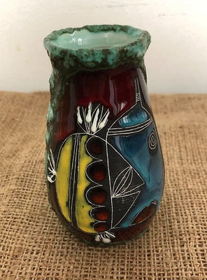 vintage Italian ceramic art vase fat lava/ sgraffito by Luigi Santi ~ 10cm - Image 1 of 4