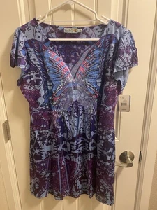 NWT Unity World Wear L Top Sublimation Blouse Purple Blue Butterfly Shirt Large - Picture 1 of 9