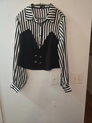 Mujer Moda Nova Blusa XL Manga Larga Blanco y Negro Rayas Chaleco Informal Foto 1 de 4