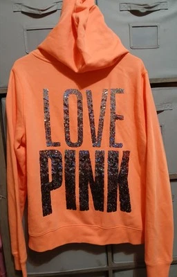 РОЗОВЫЙ Victoria's Secret большой блестящий блестки любовь розовый оранжевый полный молнии толстовка с капюшоном редкая - Изображение 1 из 4