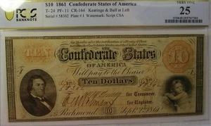 T-24 $10 1861 Confederate States Civil War Currency, PCGS VF25 - Picture 1 of 2