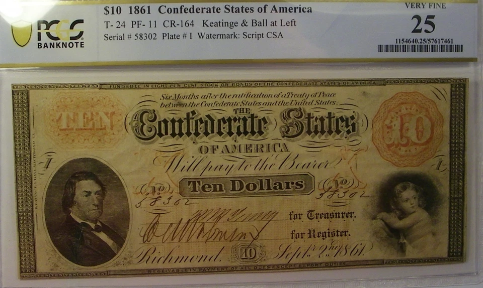 T-24 $10 1861 Confederate States Civil War Currency, PCGS VF25 - Image 1 of 2