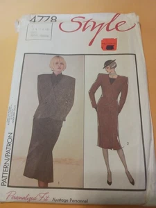 NEW Style Pattern 4778 Jacket & Skirt w/ Inverted Pleats (1986) Sz.  8-10-12  - Picture 1 of 5