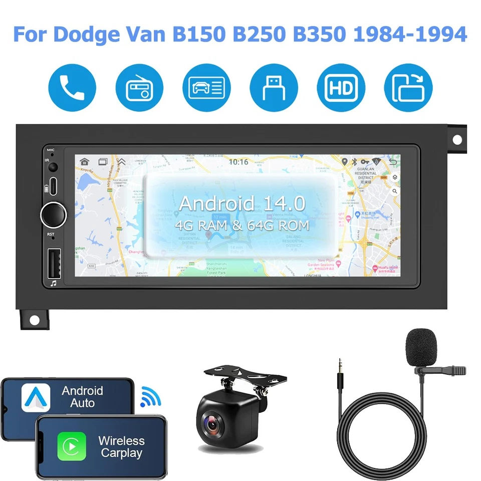 Carplay Car Stereo Radio Android 14 GPS For 1984–1994 Dodge Van B150 B250 B350 - Image 1 of 4