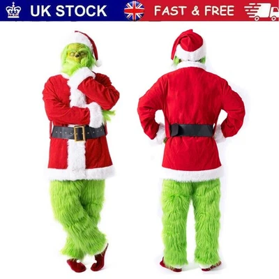 El Grinch Disfraz Máscara Juegos con disfraces Adulto Navidad Papá Noel Traje Vestido Elegante Conjunto Reino Unido Foto 1 de 4