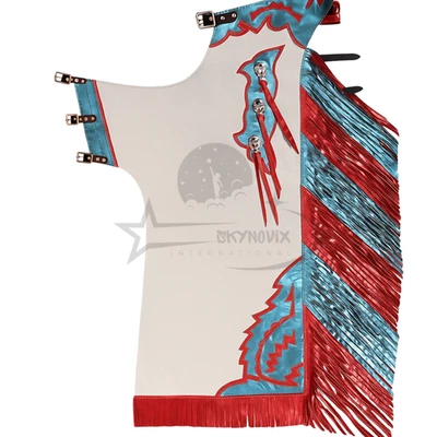 Gorra de cuero blanca de lujo para montar toros | Flecos artesanales azules y rojos Foto 1 de 4