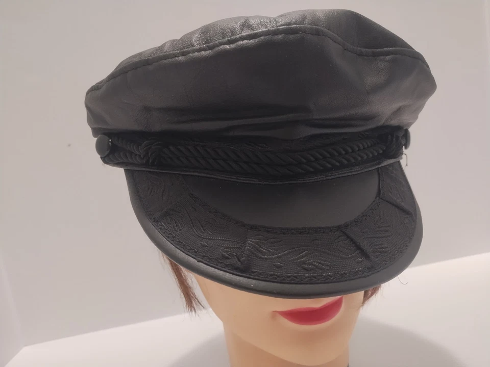 Vintage Cabbie Newsboy Leather Cap Hat Black USA Rope Trim - Image 1 of 4
