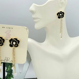 French Camellia Flower Stud Earrings Dangling Zircon Rhinestone & Pearl Jewelry - Picture 1 of 12