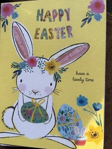 CUTE EASTER CARD, RABBIT & EGGS, NICE VERSE, KIDS - Picture 1 of 2