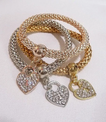 3tlg Armband-Set silber rose gold elastisch Strass Geschenk Herzanhänger Mesh - Bild 1 von 4