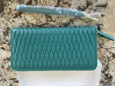 Isaac Mizrahi Cartera Muñequera Bolso de Mano Cuero Verde Dorado Acolchado - Nuevo con Etiquetas Foto 1 de 4