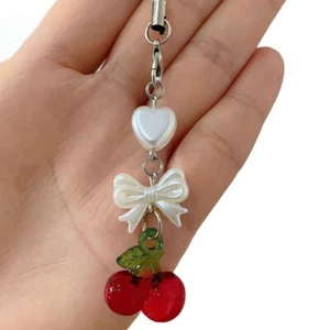 Cute Love Heart Cherry Bow Phone Chain Charm Keychain Phone Strap Keycord - Zdjęcie 1 z 8