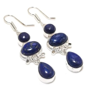 Lapis Lazuli Gemstone Handmade 925 Sterling Silver Jewelry Earrings Sz 2.40" - Picture 1 of 1