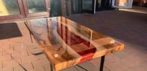 Red Epoxy Table Top with Stand , River Coffee Table, Wood Dining Table Decor - Picture 1 of 9