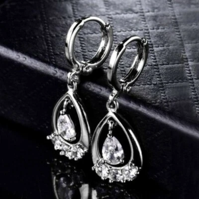 18 K White Gold Filled Lovely White Sapphire Drop Dangle Hoop Earrings - image 1 of 4