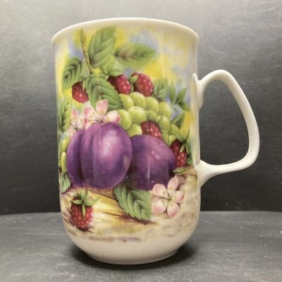 Vintage Rose of England Fruits Plums Raspberries Cherries Grapes Bone China Mug  - Image 1 of 4