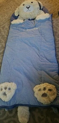 Saco de dormir Pottery Barn niño cachorro perro cabeza peluda azul a cuadros gingham charlie Foto 1 de 4