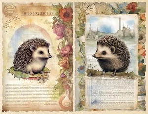Set of TWO 5x7 Woodland Hedgehog Collage #5 Cotton Sewing Craft Fabric Blocks - Picture 1 of 2