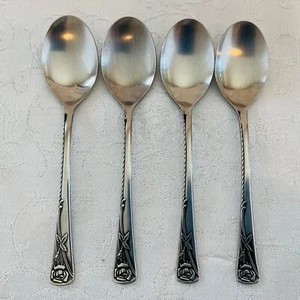 Noritake Stainless Rosetta (4) Oval Soup Spoons Japan Rose Design Good Cond. - Picture 1 of 7