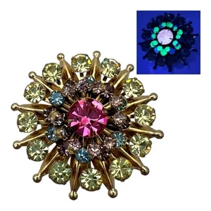 Vintage 50er Jahre unsignierte Anstecknadel Brosche Atomic Starburst UV Glas Strass goldfarben - Bild 1 von 10