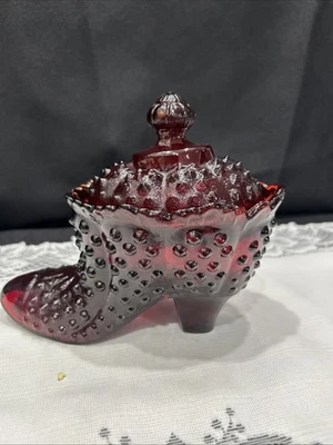 VTG Ruby Red Hobnail Glass Boot Shoe/ Lid Made In Taiwan Glows under UV light - Image 1 of 4