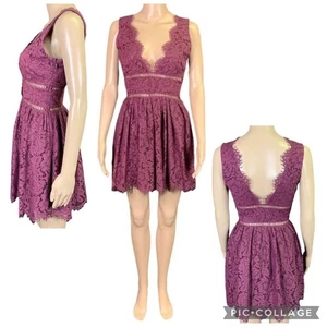 TOBI Womens Dress Lace Cutout Plunge Fit and Flare Purple Scalloped Bodice XS - Picture 1 of 15