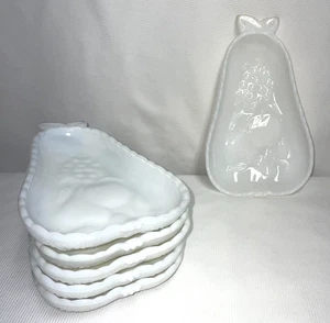 Hazel Atlas Set Of 6 White Milk Glass Pear Shaped Fruit Pattern Dishes 8x5x1" - Picture 1 of 7